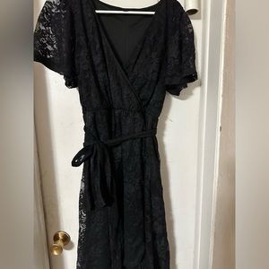 Black lace wrap-type dress with lace belt